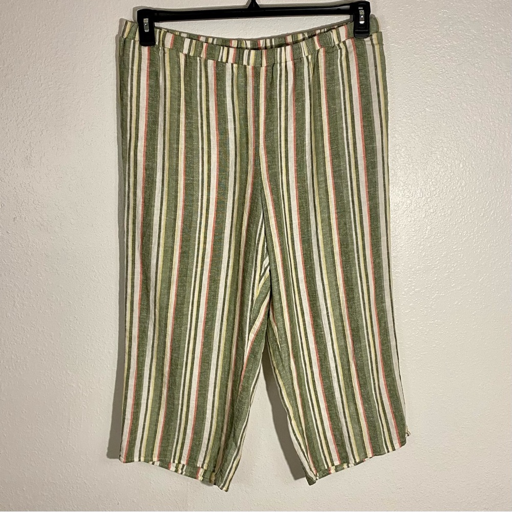 Ruby Rd. Linen Blend Cropped Striped Multicolor Pants Size L Wide Leg Pull On